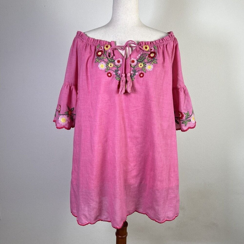 Umgee Blouse Embroidered Small Pink Cotton Blend Valentines Oversize Bell Sleeve